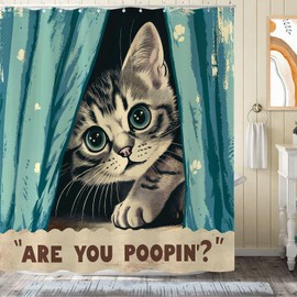 Yeoiat Funny Cat Shower Curtain, are You Poopin' Curious Kitty Whimsical Joke Humor Themed, Shower Curtain Set with 12 Hooks for Bathroom Decor (Green, 72"x72")