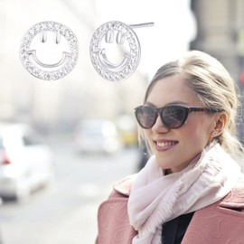 Good Luck Smiley-Face Necklaces Stud-Earrings - 18K Gold and Silver Plated Dainty Happy face Jewelry with CZ Simulated Diamond, Cute Preppy Aesthetic Jewelry Gifts for Girls Women. (Silver Smiley Face Stud Earrings)