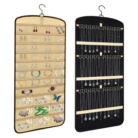 JUMRHFAN Large Hanging Jewelry Organizer Storage Roll with Hanger Metal 360°Hooks Double-Sided Jewelry Holder for Earrings, Necklaces, Rings on Closet, Wall, Door, Wardrobe(Black)