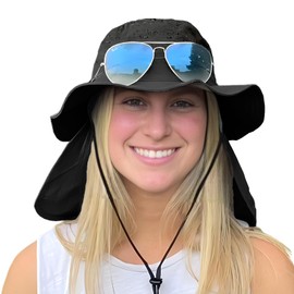 SHINCHIC Waterproof Womens UPF50+ Sun Hat with Removable Neck Flap Mens UV Protection Mesh Hat Wide Brim Safari Fishing Rain Hat Black
