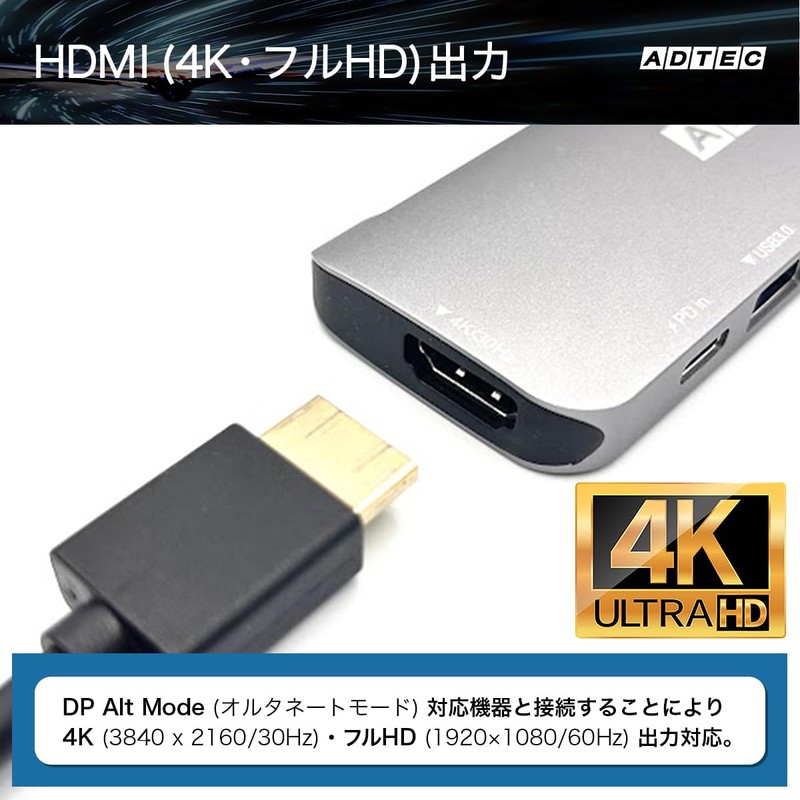 ADTECH 7-in-1 USB-C HUB Docking Station Pass-Through Support 5Gbps 4K/60Hz