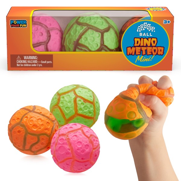Power Your Fun Arggh Meteor Mini Stress Balls for Kids and Adults- 3pk Squishy Stress Balls Sensory Toys with Dinosaur, Squishy Ball Fidget Toys Anxiety Stress Relief Squeeze Toy (Pink, Orange, Green)
