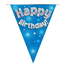 Party Bunting Happy Birthday Blue Holographic 11 flags 3.9m