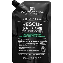 MARTHA DEBAYLE Acondicionador REFILL POUCH RESCUE & RESTORE. Brillo hidratado para cabello áspero y maltratado. Con ceramidas y Sacha Inchi Peruano. Sin parabenos y ftalatos. 450 ml