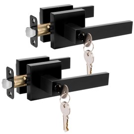 HOSOM Entry Door Handles with Lock and Key, Exterior Interior Door Handle, Matte Black Door Handle Modern Entrance Door Lever Handleset for Left Right Heavy Duty Door Lock Door Knob, 2 Pack