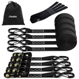 Ratchet Tie Down Straps with Safety Clip 4-Pack 1" x 15' & 4 Soft Loops - 500 lbs Load Cap 1500 lbs Breaking Limit, Ohuhu Ratchet Tie Downs Logistic Cargo Straps for Moving Appliances, Motorcycle
