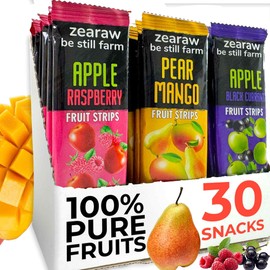 ZEARAW Healthy Fruit Snacks for Adults and Kids – 30 Fruit Leather with Dried Black Currant, Pear-Mango, Apple-Raspberry – Vegan Low-Carb Variety Pack Strips for Kids – Sugar Free Bars