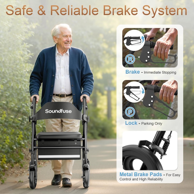 Soundfuse Rollator Walkers with Seat for Seniors, Foldable 8" Big