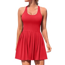 ATTRACO Athletic Dresses with Shorts and Bra Sports Active Dress Crew Neck Golf Outfits Red Tennis Dress L