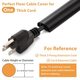 5ft Cord Cover Floor for Extension Cords, Floor Cable Cover Wire Cover to Protect Cables & Prevent Tripping, PVC Cord Hider Floor Cord Protector, Internal Channel Diameter: 0.39", Black