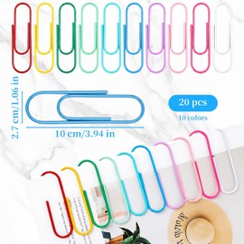 20 clips de papel grandes, clips de papel de 100 mm de metal jumbo coloridos en 10 colores mate surtidos (2 piezas cada uno), clip gigante multicolor para oficina, escuela, organización de archivos