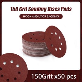125mm Sanding Discs 8-Holes Aluminum Oxide Sandpaper for Woodworking with Hook and Loop for Random Orbital Sander 150 Grit, 50-Pack