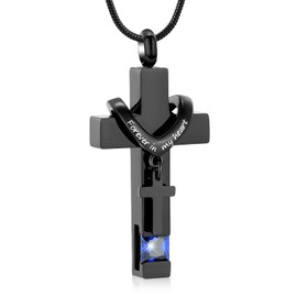 XSMZB Cremation Cross Urns Necklace Stainless Steel Double Cross Memorial Cremation Urn Pendant for Adult Ashes with Birthstone(Blue)