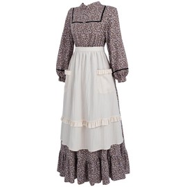 CR ROLECOS Womens Pioneer Dress Floral Prairie Dresses Long Sleeve Stand Collar Pilgrim Colonial Costume 2 Pcs Set XL