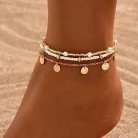 Shell Ankle Bracelet Set for Women Starfish Seashell Pearl Ankle Bracelet Gold Boho Bead Adjustable Anklet Trendy Hawaiian Beach Surfer Foot Jewelry Gifts (Disc 3Pcs)