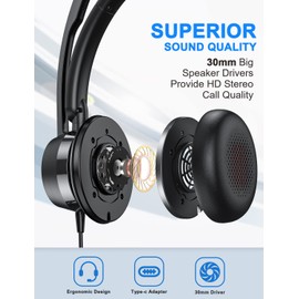 USB Headset with Microphone 3.5mm in-line Wired USB Headphones with Noise Cancelling Microphone, Computer Headset for Home Office Online Class Skype Zoom (USB C&USB A Plug&3.5MM Jack)