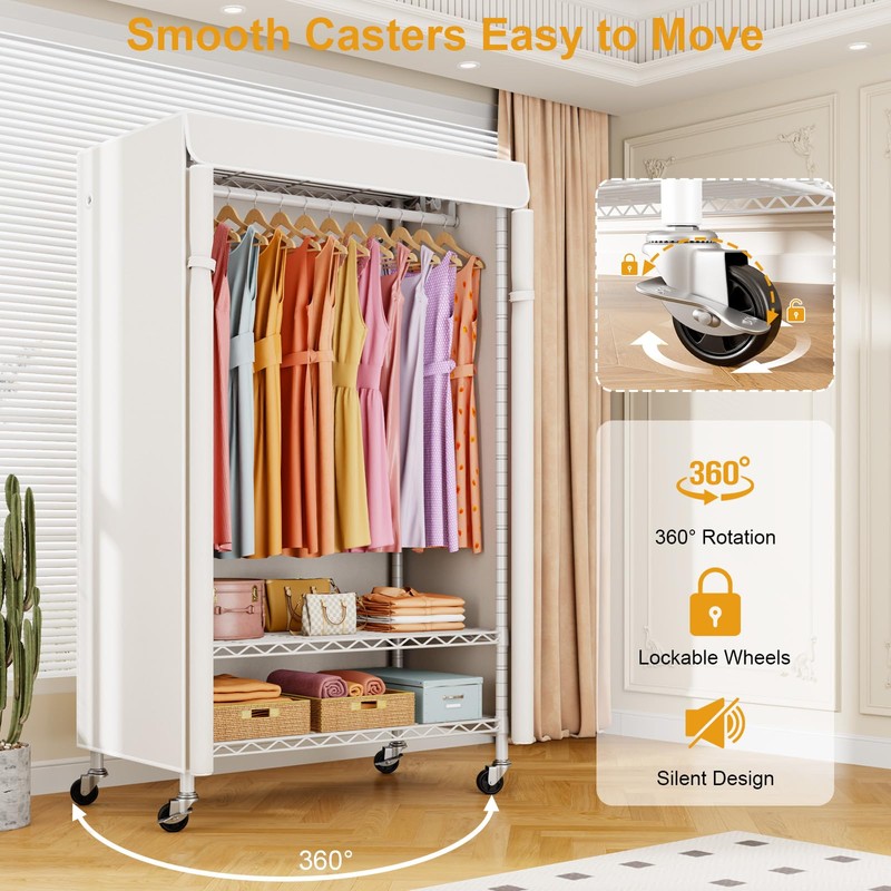 ULIFHOME P6C Rolling Clothes Rack with Cover, Covered Clothing Racks