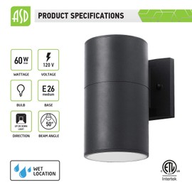 ASD Outdoor Light Fixture Wall Mount, 1-Direction Up or Down Cylinder Light - Modern Exterior Wall Sconce with One E26 Base - Waterproof, Black Die-Cast Aluminum Housing, ETL Listed