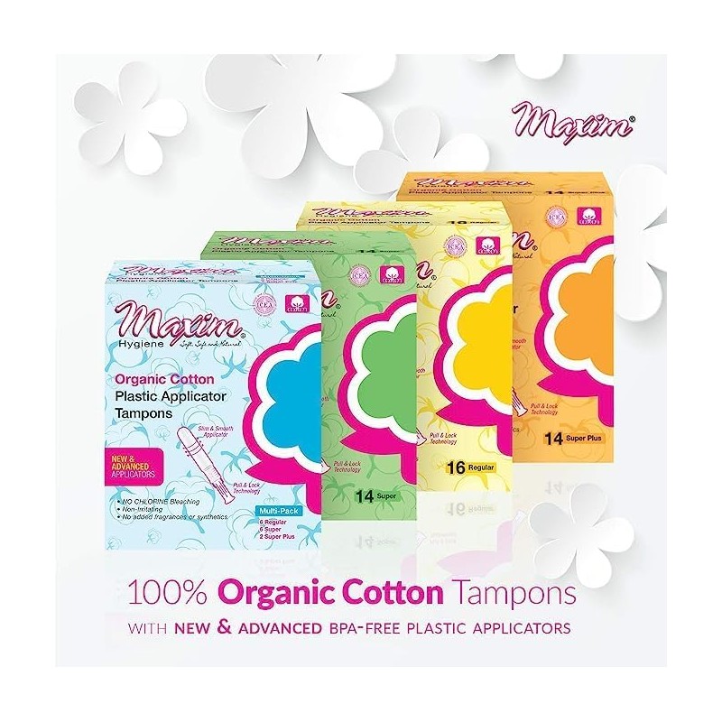 Maxim® 100% Organic Cotton Tampons w/BPA Free Plastic Applicator Regular