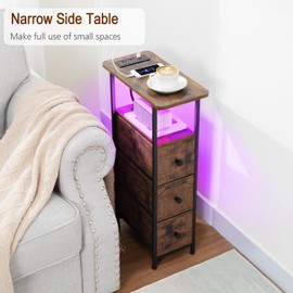 LOAKEKEL Narrow End Tables Living Room Set of 2 with Charging Station, Skinny Side Table with Fabric Drawers, Slim LED Nightstand for Bedroom, Small Spaces, Couch, Rustic Brown, HETNDP03LPBR