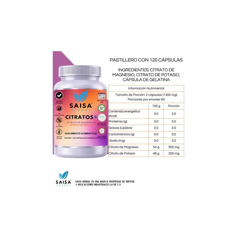 Citrato Magnesio Potasio 650 120 Cápsulas Saisa Herbal Suplemento Alimenticio