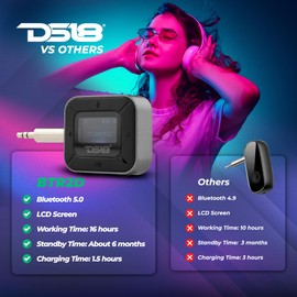 DS18 BTR2D 2 in-1 Wireless Bluetooth 5.0 Transmitter Receiver for Car, Home, TV, PC, Headphones - Dual Devices Simultaneously - up to 12HR Usage - Wireless Audio Adapter 3.5mm Aux with LCD Screen