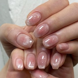 SXVME Cat Eye Ombre Pink Press on Nails Short Coffin, French Tip False Nails Short Square, Glitter Blush Pink Fake Nails Press ons, Bling Sparkle, Reusable Gel Stick on Nail for Women, 30 Pcs