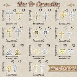 BELICEY 3D Cross Nail Charms 86Pcs Cross Heart Planet Charms for Nails Gold Silver Nail Cross Alloy Nail Charms and Gems Y2k Nail Jewelry Crystal Rhinestones for DIY Nail Art Design Crafts