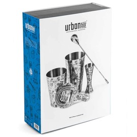 Urban Bar 5 Piece Cocktail Set with Tiki Decoration in Gift Box, Tin-on-Tin Shaker, Jigger, Spoon and Strainer, 18/8 Stainless Steel Model No UB4345