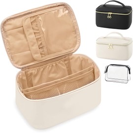 KIROGILY Cosmetiquera para Maquillaje Pequeña Impermeable, Bolsa de Maquillaje Compartimento, Neceser Mujer Portátil, Cosmetiquera de Viaje Mujer Cuero Duradera Estuche, Bolsa PVC Transparente, Blanco