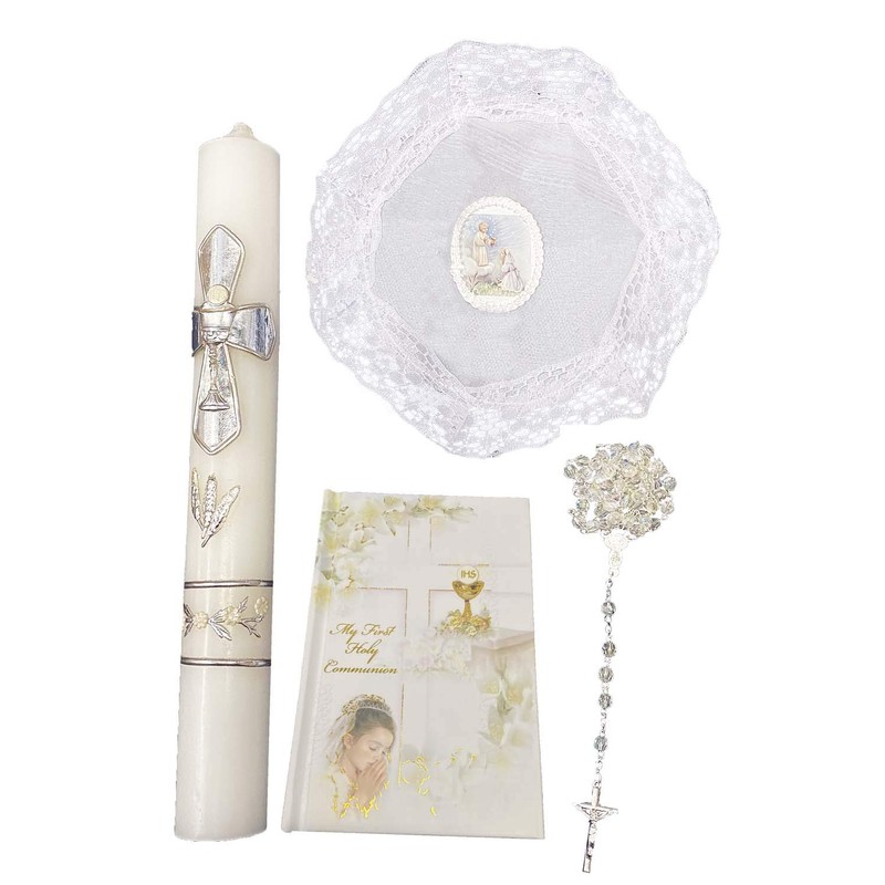 Lito First Communion Candle Set for Girls - White Silver