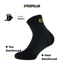 Caterpillar Quarter Socks 6 Pairs Men's Work Socks, Height Above Ankle, Reinforced Toe Heel, Cotton (Black, 9-11)