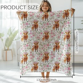 GLOBLELAND Highland Cow Roses Throw 59×51 inch Flowers Soft Cozy Flannel Blanket Washable Fuzzy Throw Blanket for Home Office Room Bed Sofa Chair Gift