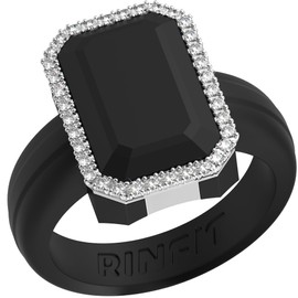 Rinfit Women's Silicone Wedding Band - Promise Rings for Her - Emerald Cut with Cubic Zirconia - Black/Silver - Size 6