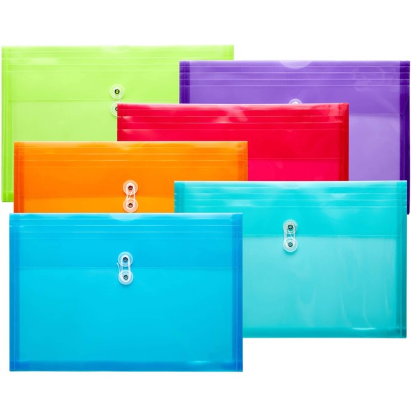FANWU Plastic Legal Size Envelopes with String Tie Closure, 1-1/4" Expansion, Side Load, Clear File Folders Poly Project Paper Documents Organizer for Office School Home (Assorted Colors - 6 P)
