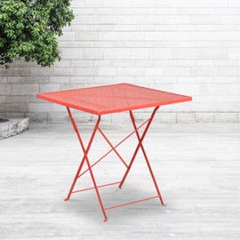 EMMA + OLIVER Commercial Grade 28" Square Coral Indoor-Outdoor Steel Folding Patio Table