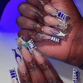 Extra Long Press on Nails with Lollipop Charms Square Rhinestone Fake Nails Glossy Blue French Flame Crocodile Print Glue on Nails Long Square Manicure Stick on Nails Cute False Nails for Women 24PCS