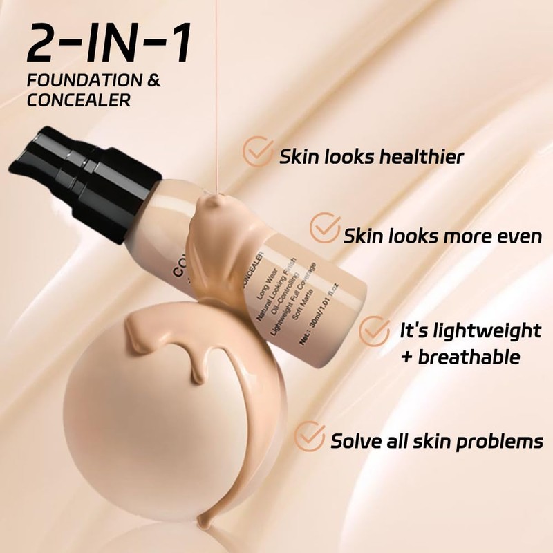 QIDSTERS 2 in 1 Foundation Concealer, Lightweight Creamy Long Lasting