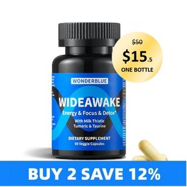WonderBlue WideAwake - Natural Mental Clarity Formula with Milk thistle, Taurine & Turmeric - Energy & Focus Support - 60 Veggie Capsules Fitness Antioxidant Dietary Supplement Plant Based Supplement Vitamin men:_1 BOTTLE