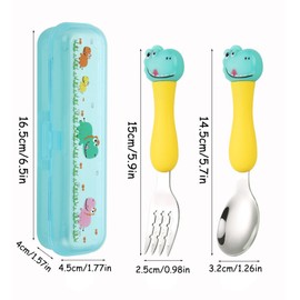Vastsea 2 Set (4 Pieces) Fork and Spoon Set, 304 Stainless Steel Forks and Spoons, Cutlery with Spoon and Fork, Cute Cartoon Tableware with Box, for Travel, Camping, Picnic (Pink, Green)
