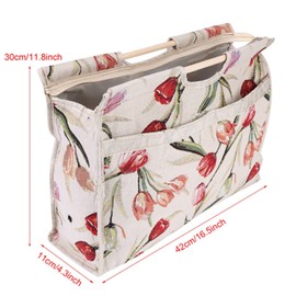 Woven Fabric Storage Bag with Wood Handle Exquisite Practical Knitting Needles Storage Basket for Knitting Needles Sewing Tools (Rose Jacquard)