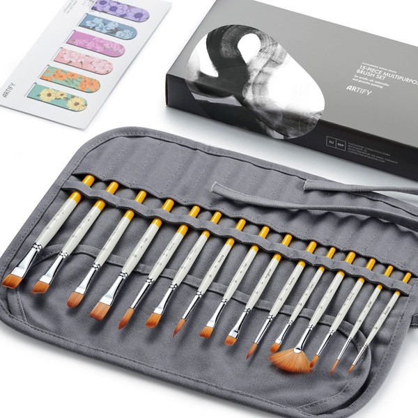 ARTIFY Sunflower 15 Piece Paint Brush Set Expert Series Reinforced Synthetic Brush Set with Canvas Roll and Special Bookmark for Acrylic, Oil, Watercolor, Gouache