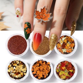 6 Box Maple Leaf Nail Art Glitter Fall Nail Sequins Flakes with Golden Leaves Design Manicure Fine Glitter Powder Autumn Nails Stickers Decals Supplies Nails Charms for Women Girls Decoration