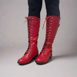 Forever Link Mango-27 Women's Strappy Lace-Up Knee High Combat Stacked Heel Boot,Red Pu 9