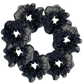 7 Pcs Silky Dance Cheer Polka Dot Fluffy Mesh Hair Scrunchies For Thick Hair Performance/Sports/Party/Gymnastics Scrunchie Ponytail Holder Wrist for Girls Show (Black)