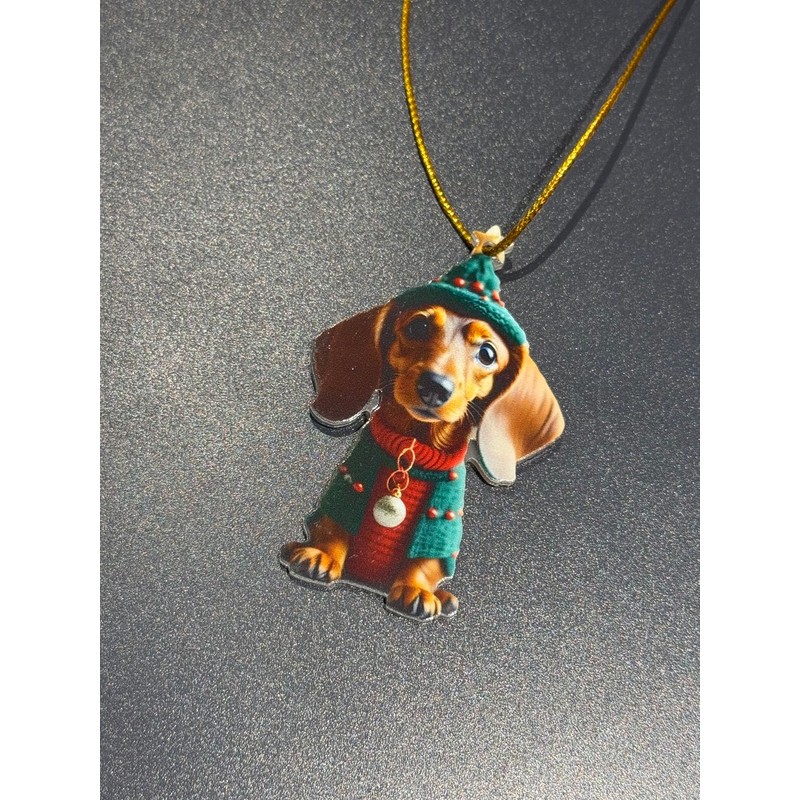 Dog with Green Hat and Red Sweater Christmas Ornament (Style