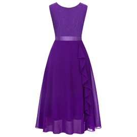 Girls Floral Lace Burdungy Dress Christmas Bridesmaid Vintage Formal Cocktail Party Swallowtail Swing Dresses 8-13 Years(Purple,12T