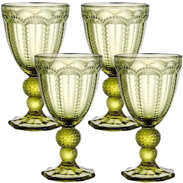 Elsjoy Set of 4 Vintage Green Wine Glass, 8.5 Oz Embossed Glass Goblet Colored Stemmed Drinking Glassware, Beverage Stemware for Juice, Cocktail, Party Wedding