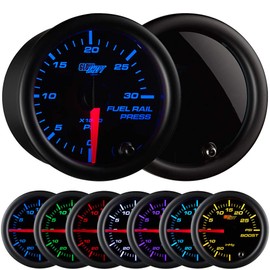 GlowShift Tinted 7 Color 30,000 PSI Fuel Rail Pressure Gauge - Compatible with 6.6L Chevy Duramax 2002-2018 & 5.9L / 6.7L Dodge Cummins Diesel 2003-2018 - Black Dial - Smoked Lens - 2-1/16" 52mm