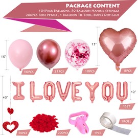 CAKKA Valentines Day Balloons Kit, 101 Pack Rose Gold Pink Heart Balloons with Rose Petals, I Love You Balloons for Anniversary Mothers Day Wedding Romantic Decorations Special Night,VA-BA-01